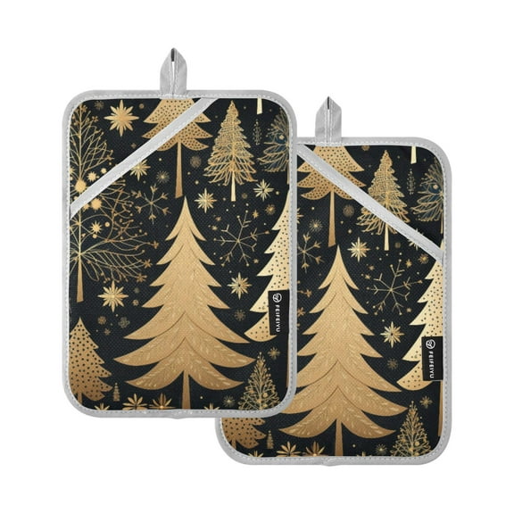 Christmas Trees Golden Pot Holders Set of 2 Heat Resistant Kitchen Oven Gloves Potholder Cooking Baking Microwave Mitts