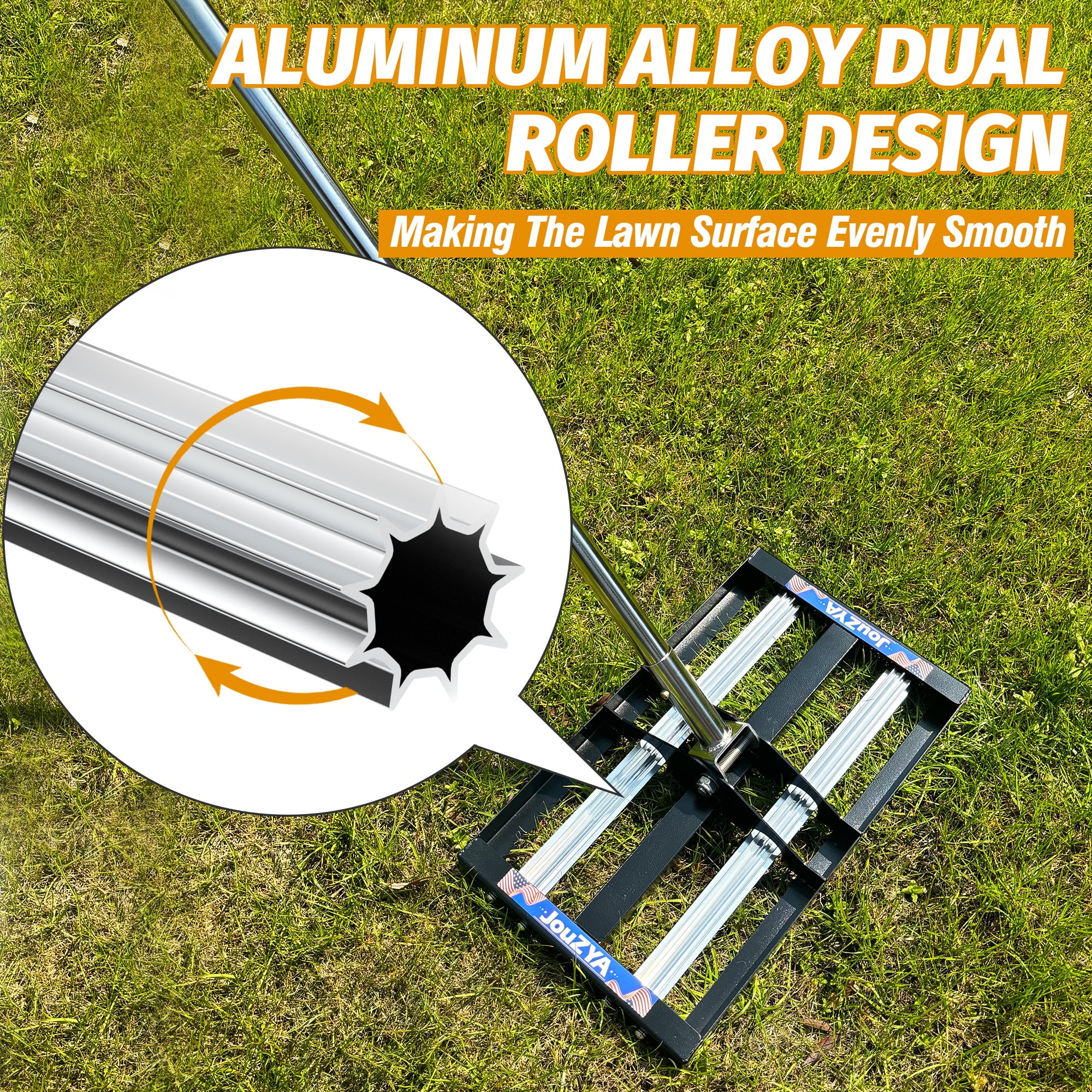 JouZYA 17"x10" Lawn Leveling Rake with Aluminum Rollers, Stainless Steel Lawn Leveler Levelawn Tool, 70" Handle