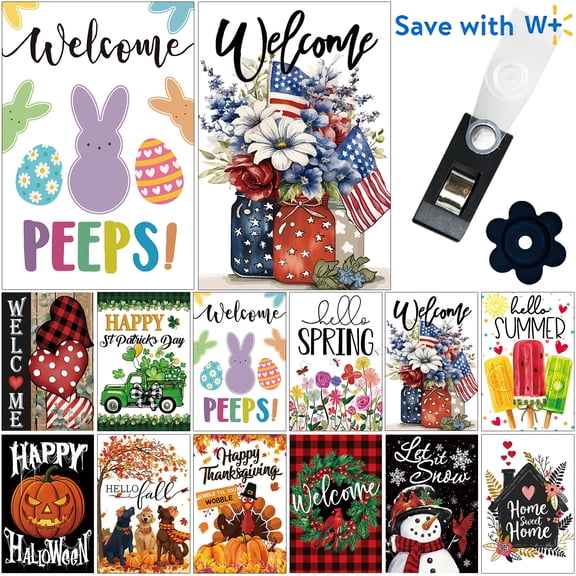 Yileqi Seasonal Garden Flag Set of 12 Double Sided 12x18 Inch Small Yard Flags, Easter 4th of July Halloween Christmas Garden Flags for Outside, Includes Free Anti Wind Clip and Stopper
