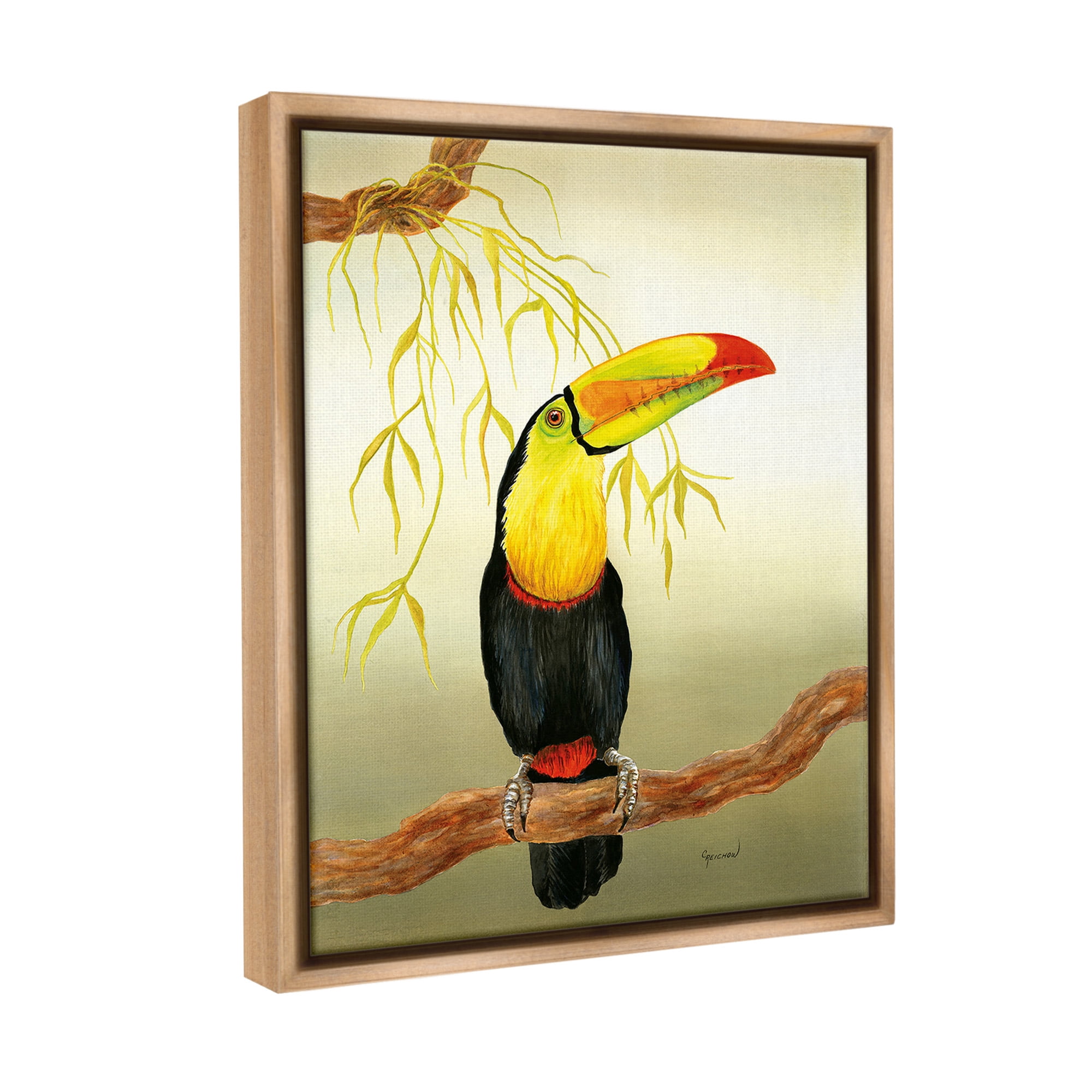 Stupell Industries Toucan on Forest Branch Animals & Insects Painting Brown Floater Framed Canvas Art Print Wall Art, 17 x 21