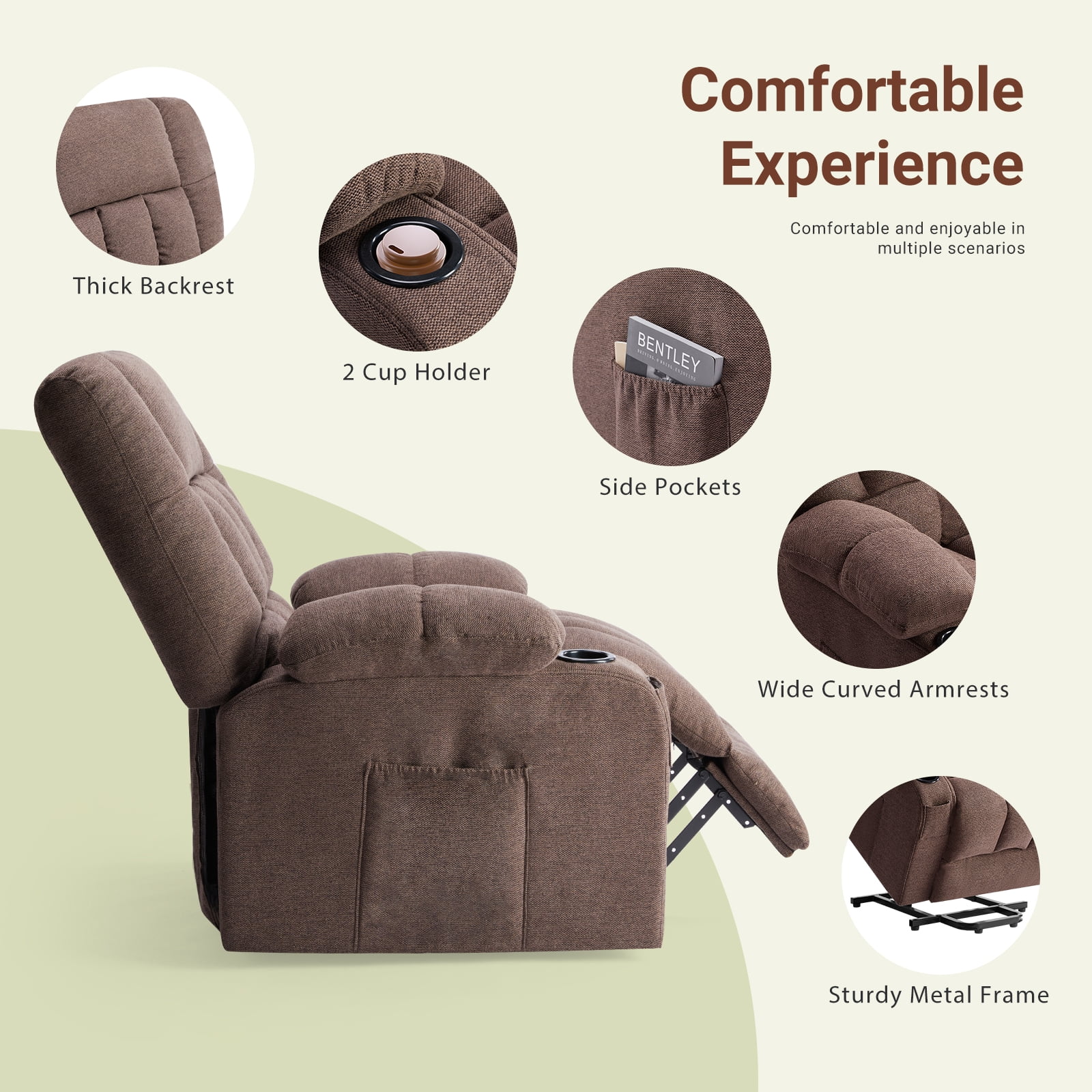 CONCETTA Elderly Recliner with Massage and Heating, Home Theater Recliner Chair with Lumbar Support and Remote Control, For Home Office Living Room, Brown