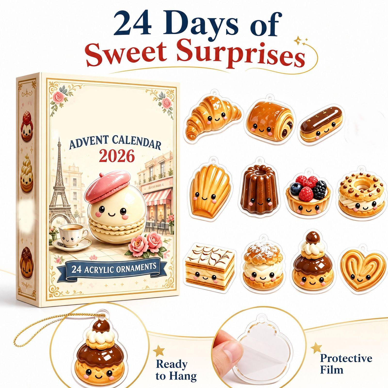 Christmas Advent Calendar with 24 Acrylic Ornaments Set of 24 Kawaii Pastry Designs for Holiday Tree Decoration Countdown Calendar