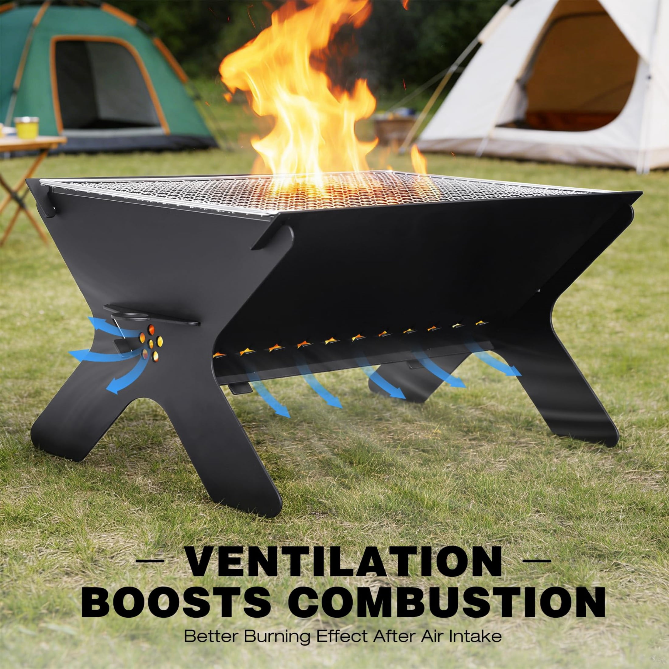 REDCAMP Portable Charcoal Grill, Large Folding Stainless Steel Fire Pit Grill with Carry Bag, Heavy Duty Campfire Grill for Outdoor Camping BBQ Cooking, Black