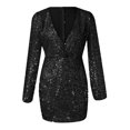 thumbnail image 4 of DHFJKG Womens Deep V Neck Sequin Dress Lantern Long Sleeve Ruched Waist Bodycon Sparkly Slim Fit Mini Party Dress Carnival Going Out Versatile Dresses, 4 of 4