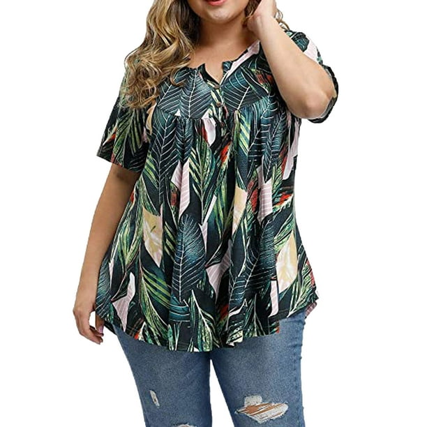 Flywake Women's Plus Size Floral Blouses Henley V Neck Button Up Tunic Tops  Ruffle Flowy Short Sleeve T Shirts