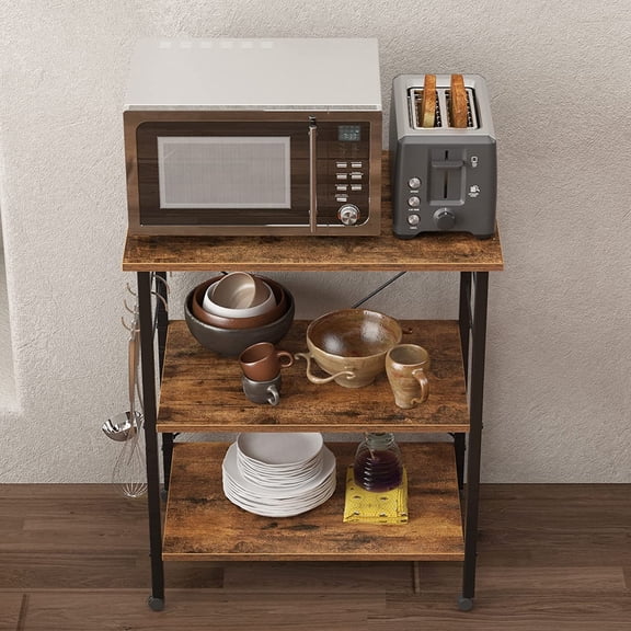 Kitchen Baker's Rack 3 Tier Storage Shelf with Rolling Caster Rustic Brown