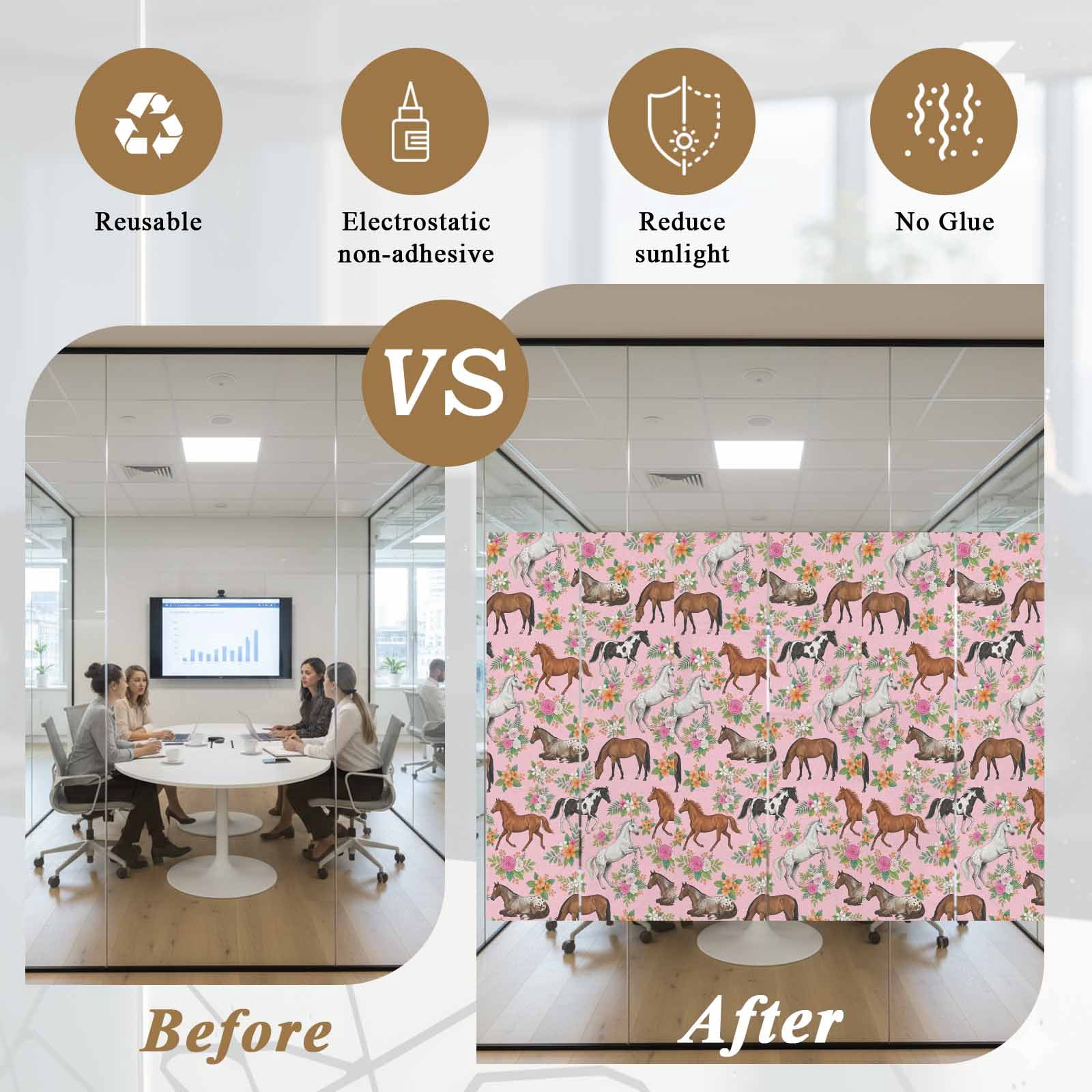 Horses Animal Window Privacy Film, Orange Flower Roses Leaf Pink Background Frosted Glass Window Clings Static Cling UV Heat Blocking Reusable Door Sticker for Bathroom 23.6 x 59 Inch