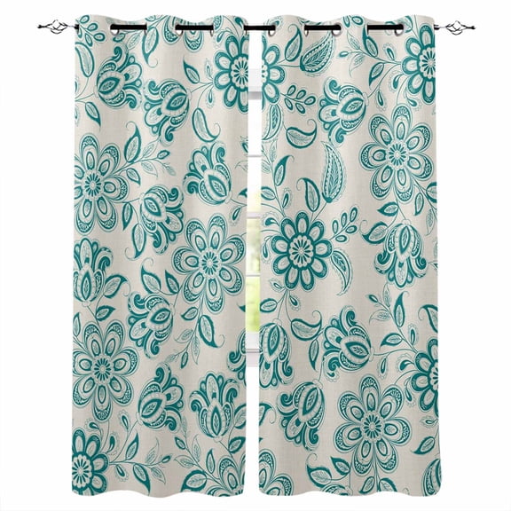 Fsddascl Teal Flowers Blackout Curtains for Bedroom/Living Room, Thermal Insulated Kitchen Curtains, Vintage Ethnic Tribe Country Farmhouse Grommet Darkening Window Treatment Drapes 42"x84"x2