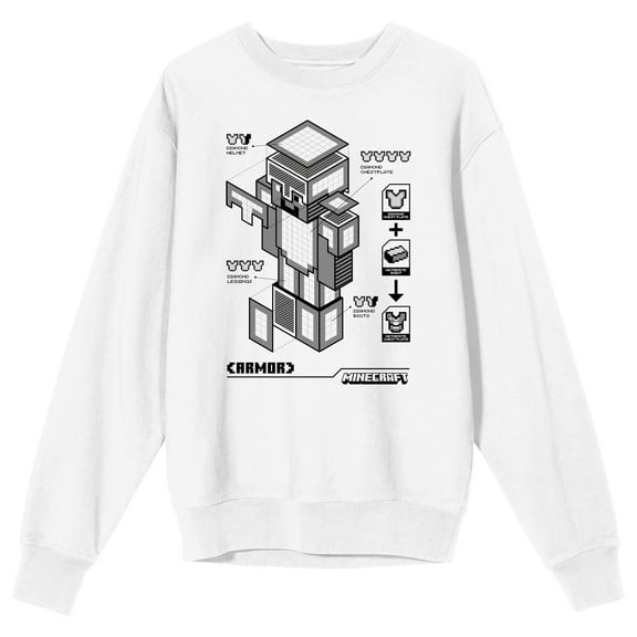 Minecraft Diamond Armor Monochrome Diagram Adult White Crew Neck Long Sleeve Sweatshirt-Medium