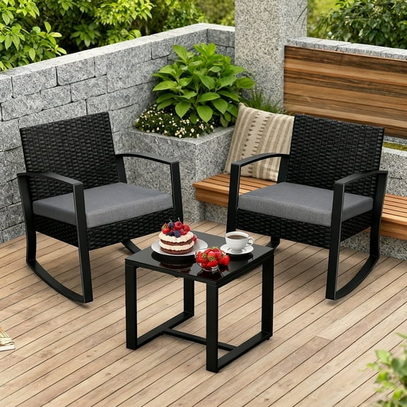 Patio Furniture Set, 3-Piece All-Weather Rocking Wicker Chair Set with Glass Table for Backyard, Gray