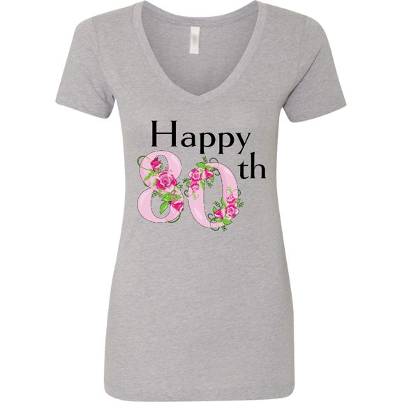 Inktastic Happy 80th Birthday with Roses Women's V-Neck T-Shirt
