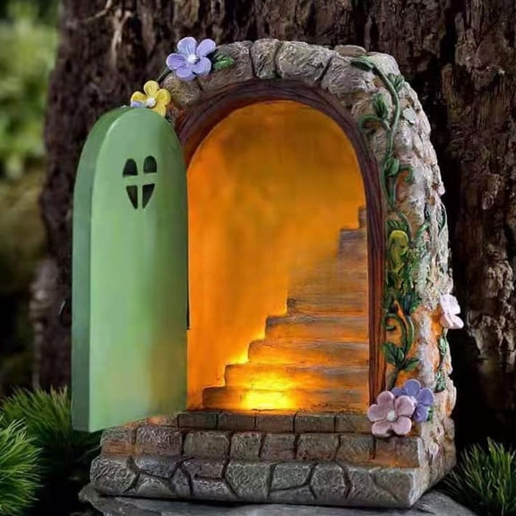 Garden Pastoral Statue Staircase ornaments solar LED lights outdoor garden lights fairy garden stone door resin ornaments, Green