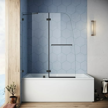 Sunny Shower Tub Shower Doors Hinged Tub Screen with 5/16" Clear Glass 48" W x 58" H in Black Finish