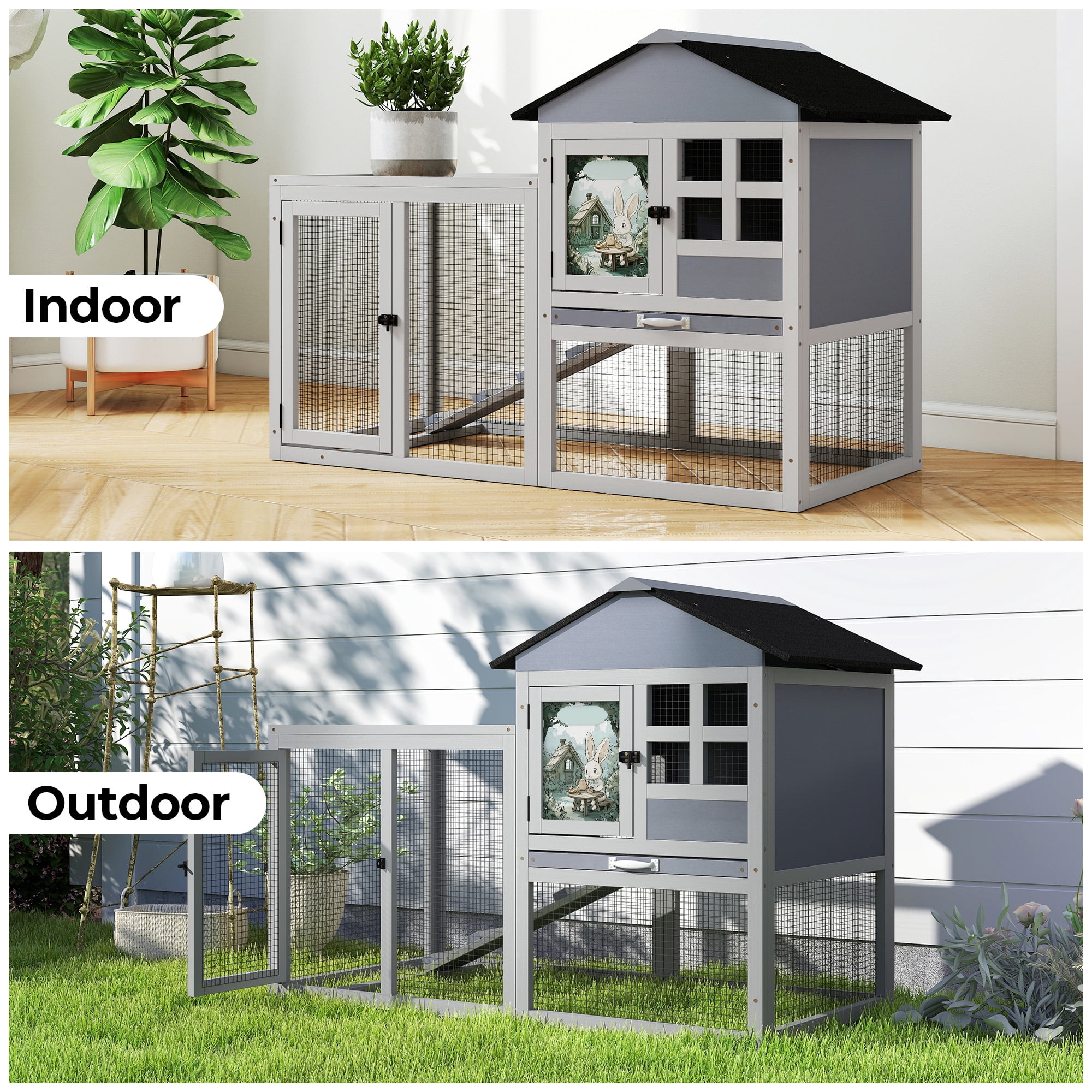 2-Tier Wood Rabbit Hutch Indoor Outdoor Small Animal House with Removable Tray, Ramp, Openable Roof, Bunny Cage for Ducks, Squirrels