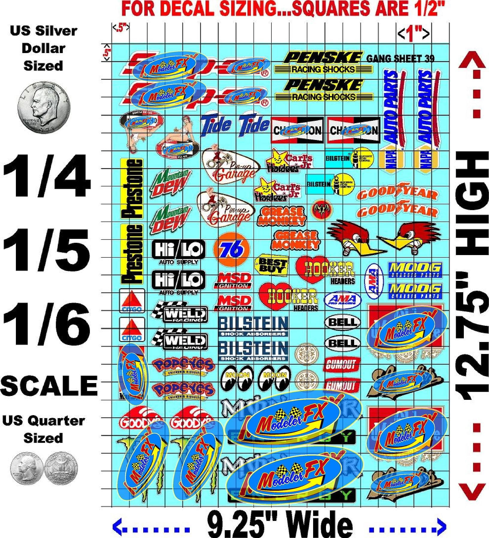 White Vinyl R/C Racing Sponsor Sticker Gang Sheet 39-1/4-1/5 � 1/6th Scale Model Decal Sticker Sheet Radio Control Lexan Body � Die-Cut to Shape - Peel & Stick � Water Slide - Nostalgic