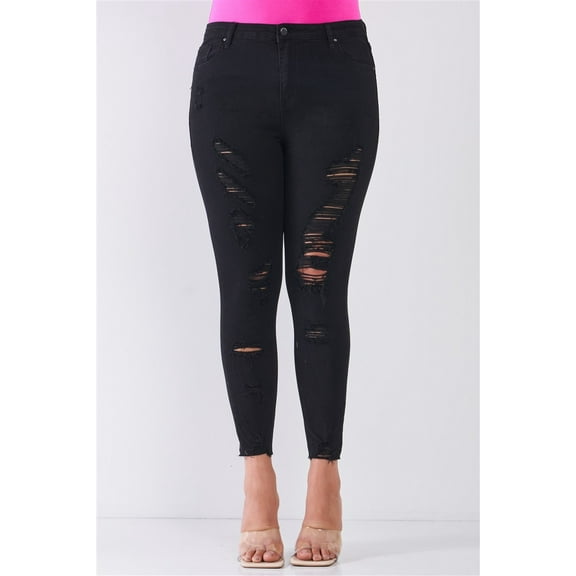 Plus Size Denim Mid-rise Raw Hem Detail Ripped Skinny Jean Pants 18