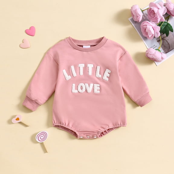 Newborn Baby Sweatshirt Long Sleeve Crewneck Letter Embroidery Romper Infant Boys Girls Spring Fall Soft Onesie Outfits Pink 12-18 Months