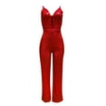 thumbnail image 5 of Sequins Jumpsuits for Women Sleeveless Deep V Neck Spaghetti Strap Wide Leg Long Rompers Dressy Jumpsuit Club Party Cocktail Outfits Red,L, 5 of 7