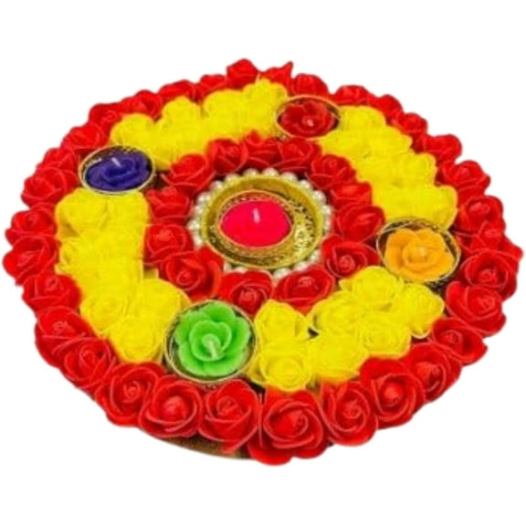 Multicolor Handicraft Artificial Flower Readymade Rangoli with Tea Light Holders for Home & Office Decorations, Red & Yellow