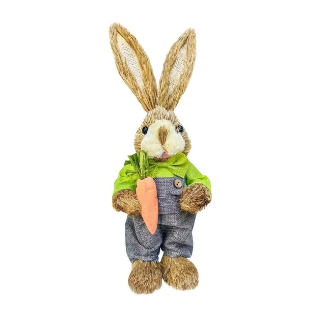 NAOJIE Earmouse 13.7" Easter Straw Bunny Figurine Tabletop Decor & Sisal Rabbit Spring Party Garden Table Decor(F)