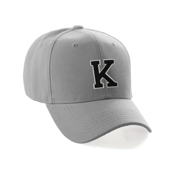 Classic 3D Raised Initial Letters A to Z Structured Baseball Hat Cap Adjustable, L Grey Hat White Black Letter K