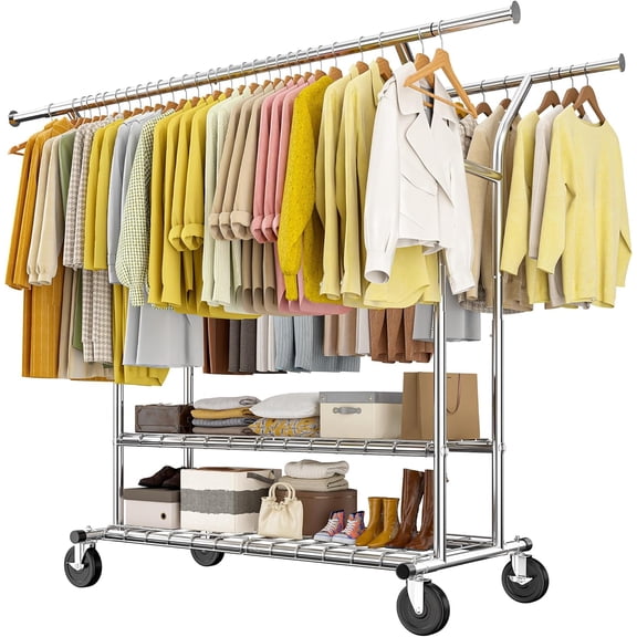 JessieMal 74" W Heavy Duty Clothes Rack, Double Rods Clothing Rack Load 630 LBS, Rolling Clothes Racks for Hanging Clothes 400 , Garment Rack for Bedroom, Laundry Room, Retail Store