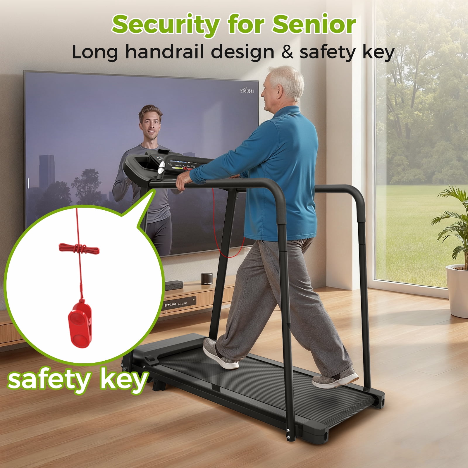 Walking Pad Treadmill for Senior, Foldable Exercise Treadmill with Stable and Safe Structural Design, Large LED Display for Elderly, Long Handrail for Balance, 300 Lbs Capacity