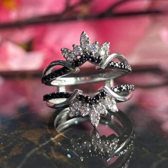 Black Onyx and White Diamond Wedding Ring Enhancer in 925 Sterling Silver