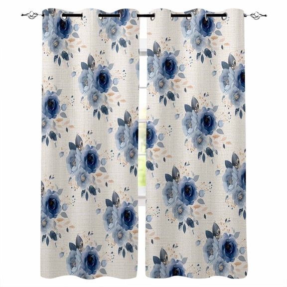 Navy Blue Spring Floral Black Out Curtains 63 Inch Long, Room Darkening Draperies Curtains Panels, Farmhouse Flowers Modern Art Thermal Insulated Curtain for Bedroom Living Room 52"x63" 2 Panels
