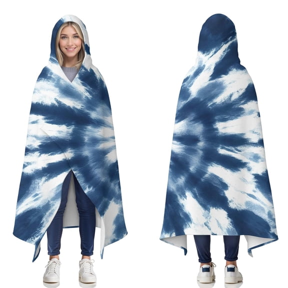 Wearable Blanket,Blue White Tie Dye Mandala Pattern Hooded Wearable Flannel Blanket for Adults & Teens,Winter Poncho Shawl Wrap Cape Cozy Anti-Pill,50"x60"