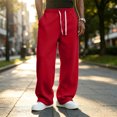 thumbnail image 5 of Men's Straight Leg Pants, Solid Color Drawstring Elastic Waist Loose Fit Fall Casual Trousers with Pockets Red 3XL, 5 of 5
