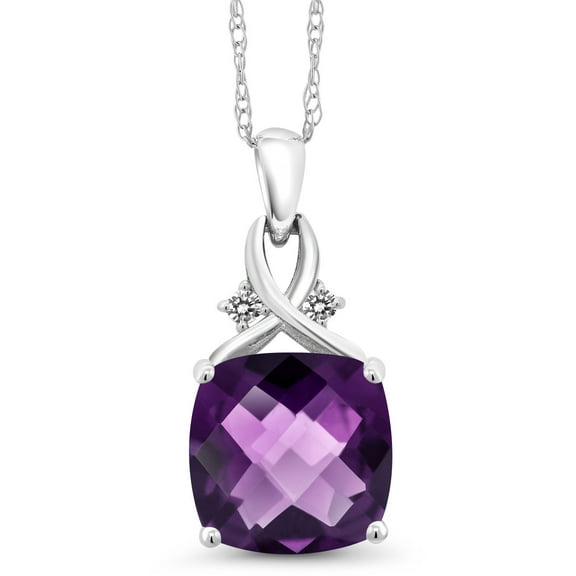 Gem Stone King 10K White Gold Purple Amethyst and White Diamond Pendant Necklace for Women (3.51 Cttw, Gemstone February Birthstone, Cushion Checkerboard Cut 10MM, with 18 inch Chain)