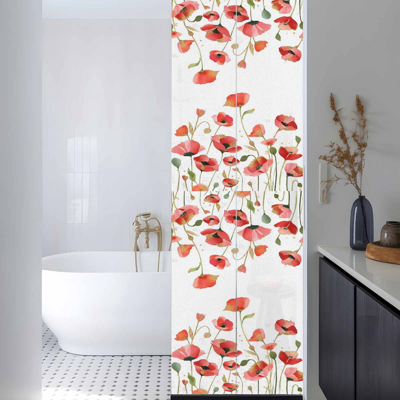 Spring Floral Window Privacy Film, Watercolor Red Wildflower Rustic Farmhouse Frosted Glass Window Clings Static Cling UV Heat Blocking Reusable Door Sticker for Bathroom 29.5 x 118 Inch