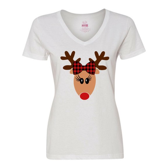 Inktastic Cute Girl Reindeer with Buffalo Plaid Bow Women's V-Neck T-Shirt