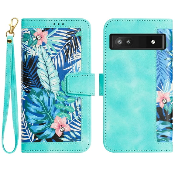 TECH CIRCLE Classic Flower Case for Google Pixel 7A (6.1-inch) 2023 - Protective Lightweight Wallet Phone Case with [Card Slots /Wrist Strap] Fold Stand Portable Cute Leather Cover, Green