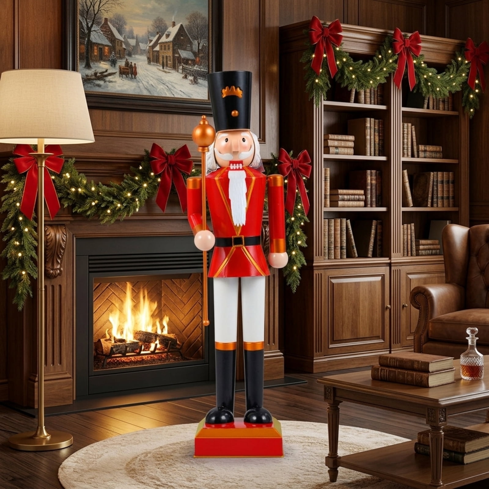 RUIE 32.5 Inch Christmas Nutcracker with High Hat and Scepter, Black & Red Metal Nutcracker Soldier with Hidden Storage for Indoor Outdoor Holiday