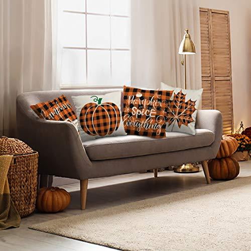 ZJHAI Fall Pillow Covers 18x18 Inch Set of 4 Autumn Pumpkin Pillow Covers Holiday Rustic Linen Pillow Case for Sofa Couch Farmhouse Thanksgiving Fall Decorations Throw Pillow Covers
