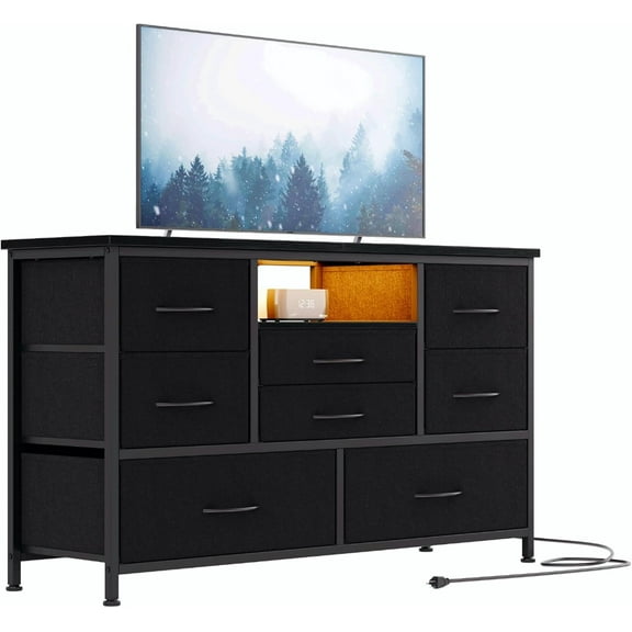 YYEAN 8-Drawer LED Dresser TV Stand with Power Outlet for 55'' TV - Wide Storage Chest for Bedroom, Living Room & Entryway, Wood Top Console Table with 22 Light Modes