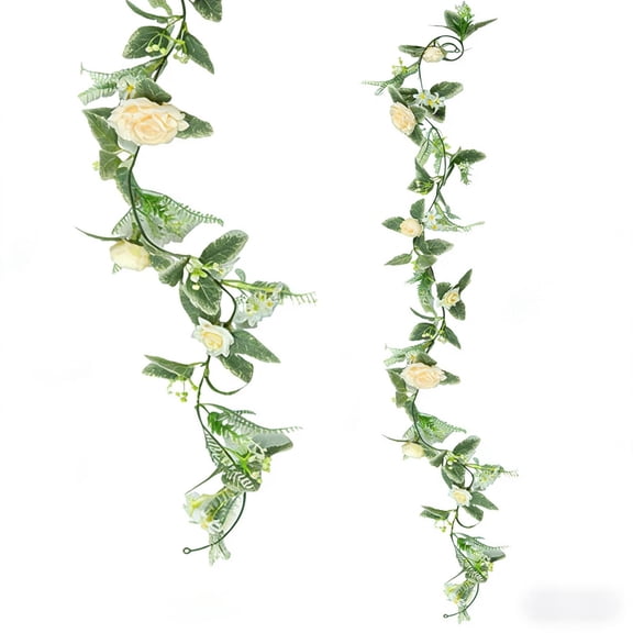 Artificial Rose Vine Fake Flower Garland with Cream Roses, Fake Silk Rose Hanging Vine for Wedding Party Arch Garden Table Runner Home Decor (2Pcs, Cream)