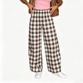 thumbnail image 2 of VEKDONE Womens Plaid Wide Leg Palazzo Pants Casual Baggy Barrel Pants Trendy Elastic High Waist Comfy Straight Trousers with Pockets Khaki M, 2 of 6