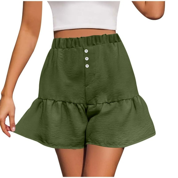 RYRJJ Womens Casual Wide Leg Shorts Elastic High Waisted Cute Ruffle Hem Casual Summer Beach Shorts with Pockets(Army Green,S)