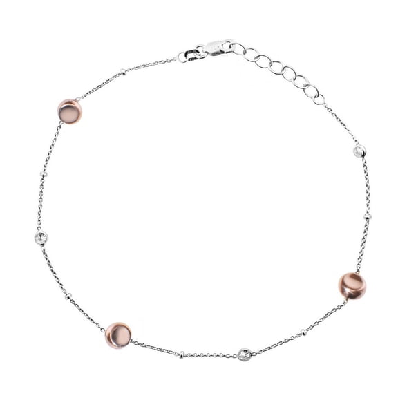 Sterling Silver Rose and White Plated Anklet With Rg Plate Beads And Cubic Zirconia - 10 Inch