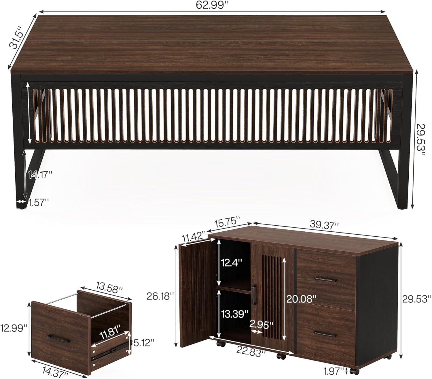 Finmind 63-Inch L-Shaped Desk, Modern Executive Desk with Mobile File Cabinet,Dark Walnut & Black