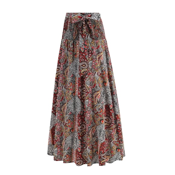 Floral Maxi Skirt for Women High Waist A-Line Beach Vacation Skirt Summer Boho Flowy Long Skirts with Drawstring