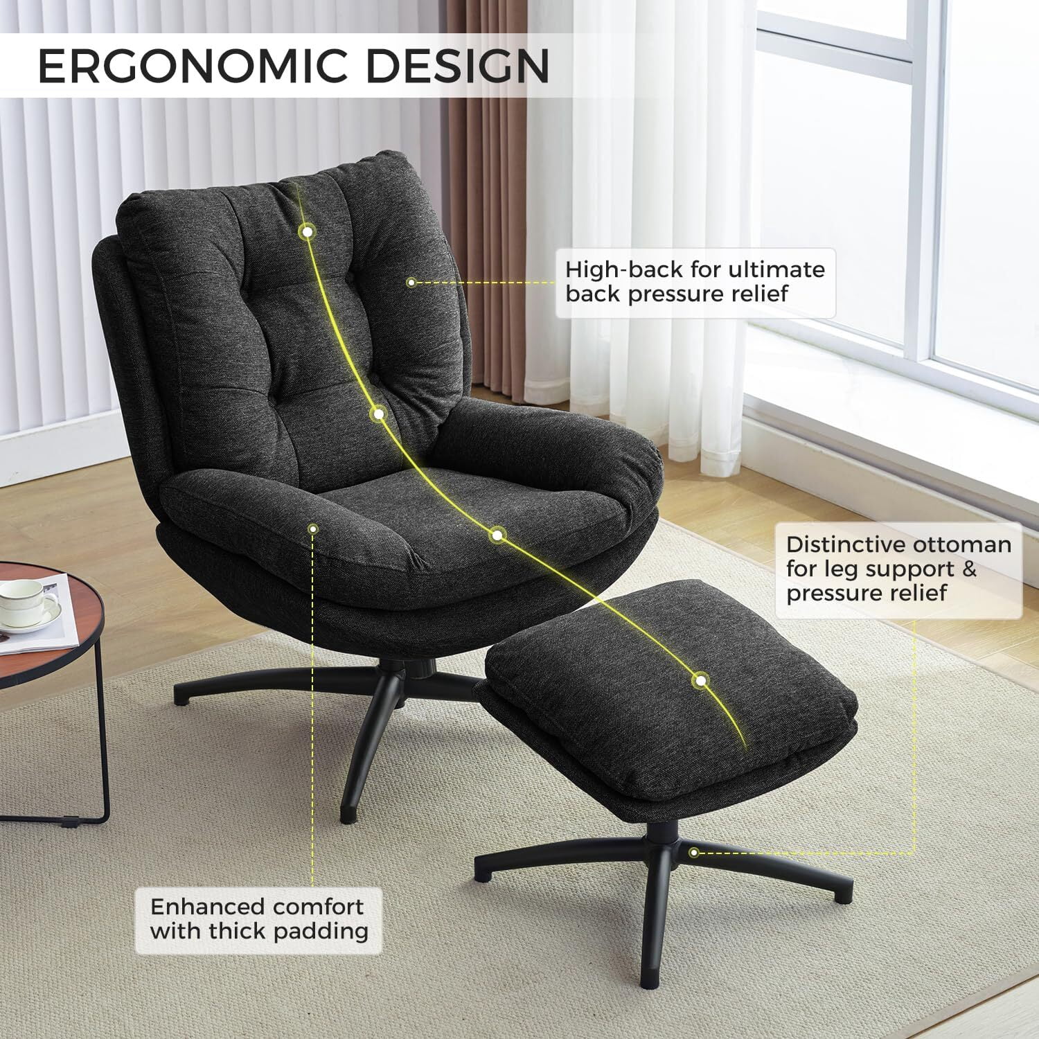 Comfort Stretch Black Swivel Accent Chair with Ottoman Rocker Glider Chairs Ottoman Footrest Set