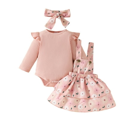 2PC Summer Clothing Set Infant Girls Long Sleeve Ribbed Romper Bodysuit Floral Suspender Skirts Outfits Red Sizes 3-6 Months