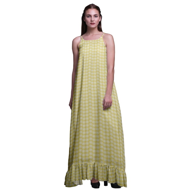 Bimba Medium Jaune3 Artistique Soleil Imprimé Vêtement de Nuit pour Femmes Longue Robe Maxi à Bretelles Spaghetti Tenue de Sommeil Robe