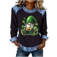 thumbnail image 3 of TaTaai Women Casual Long Sleeve Waffle Knit Top St Patrick's Day Printed Crew Neck Denim Splice Solid Color Fashion Streetwear Top Gift, 3 of 5