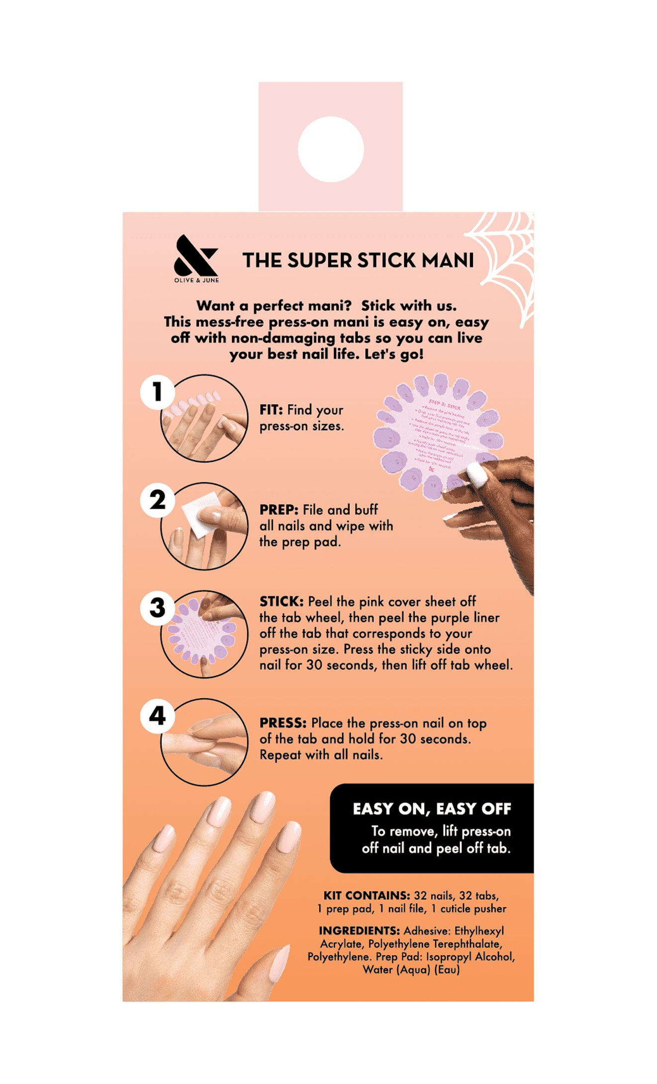 Olive & June Super Stick Mani Extra Short Squoval Press-On Tabs, Pink Zebra, 32 Pieces