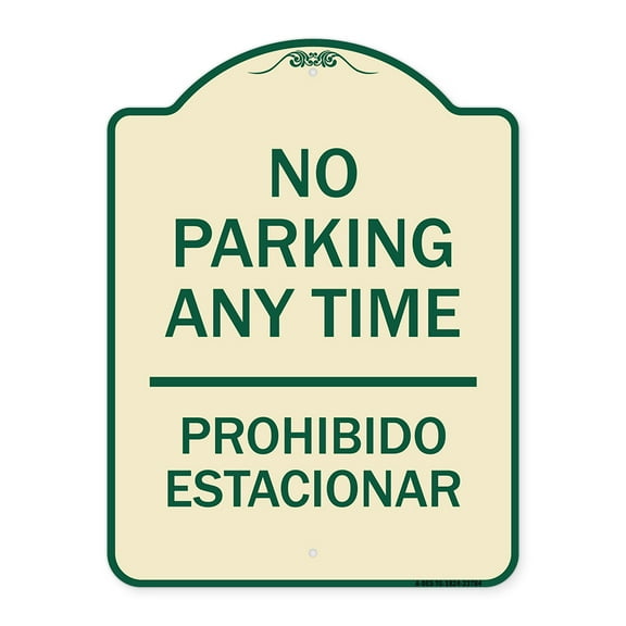SignMission Designer Series Sign - No Parking Anytime & Prohibido Estacionar | Tan & Green 18" x 24" Heavy-Gauge Aluminum Architectural Sign | Protect Your Business & Municipality |